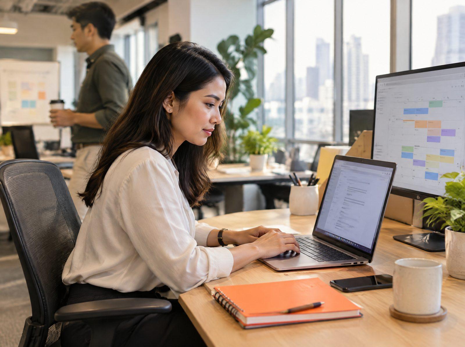 Marketing manager using an AI writing assistant at her desk