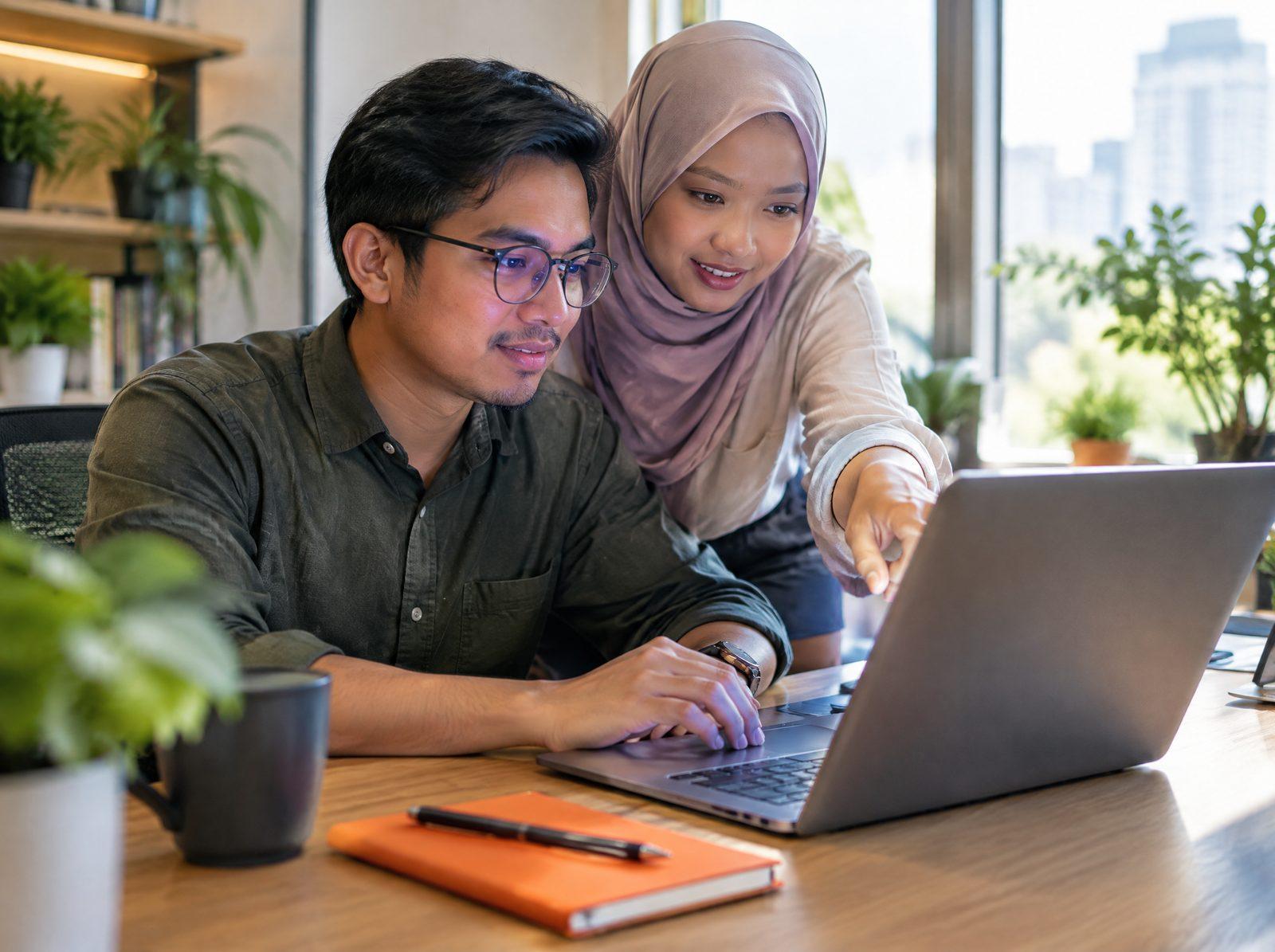 Two colleagues at a desk working with an AI assistant on a laptop