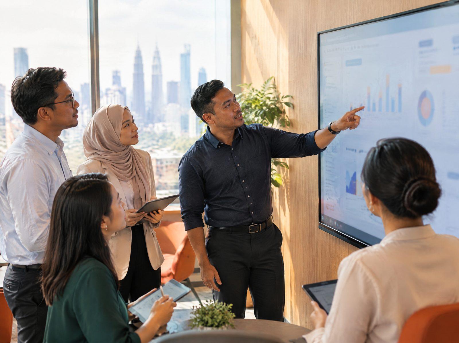 Team reviewing a new software dashboard together on a large office screen