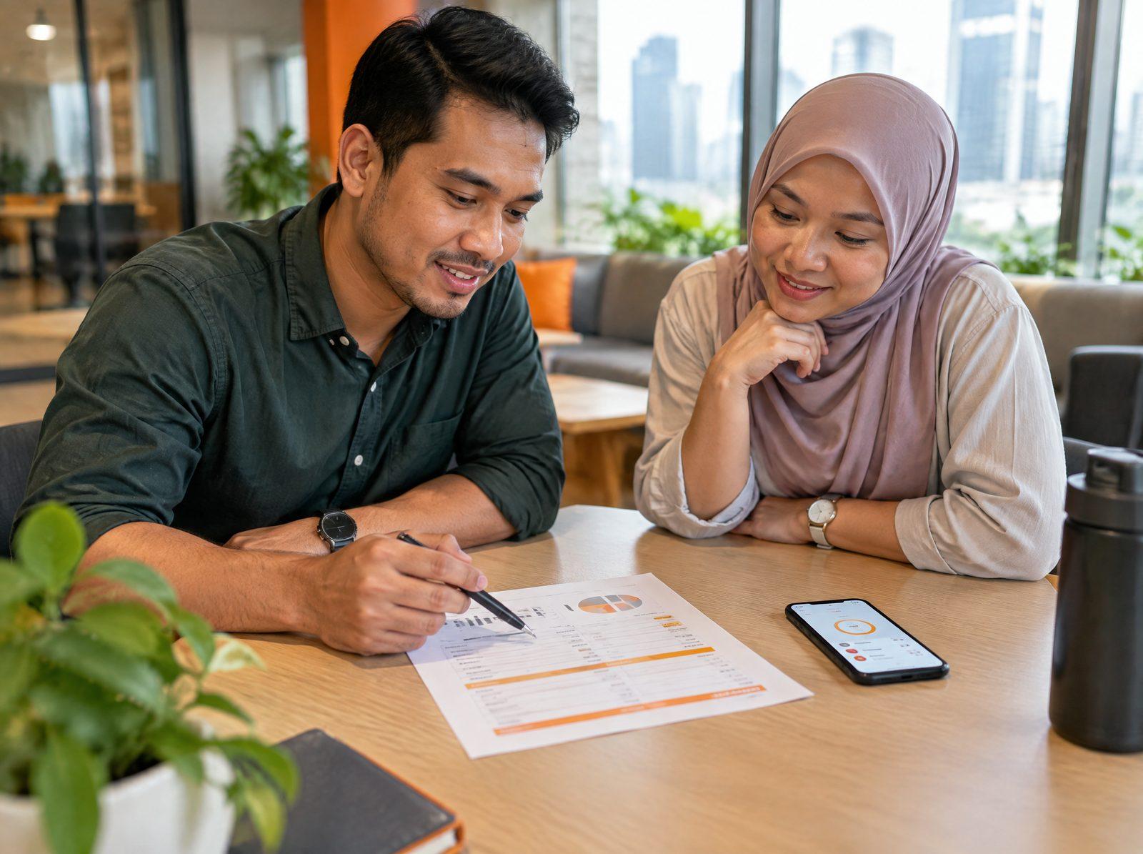 Two employees reviewing a personal budget worksheet together at a break-out table