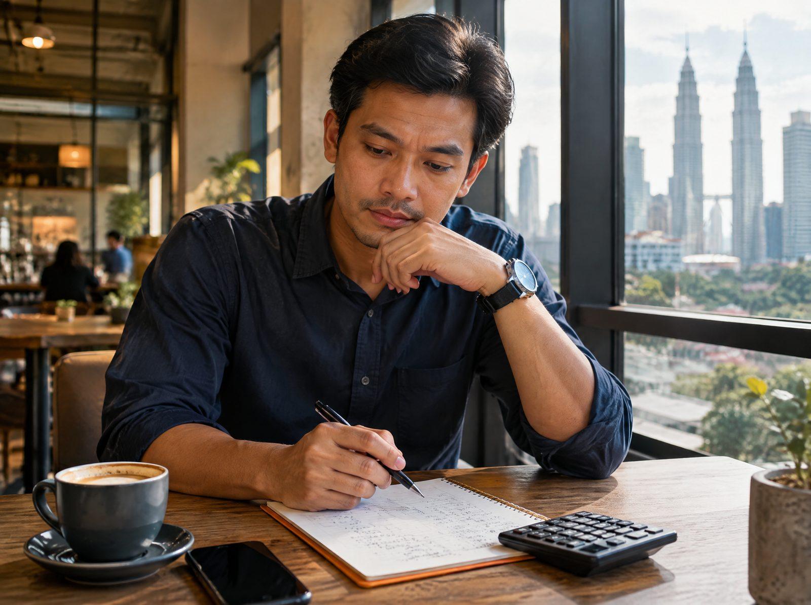 Person reviewing personal finances with a notebook and calculator at a cafe table