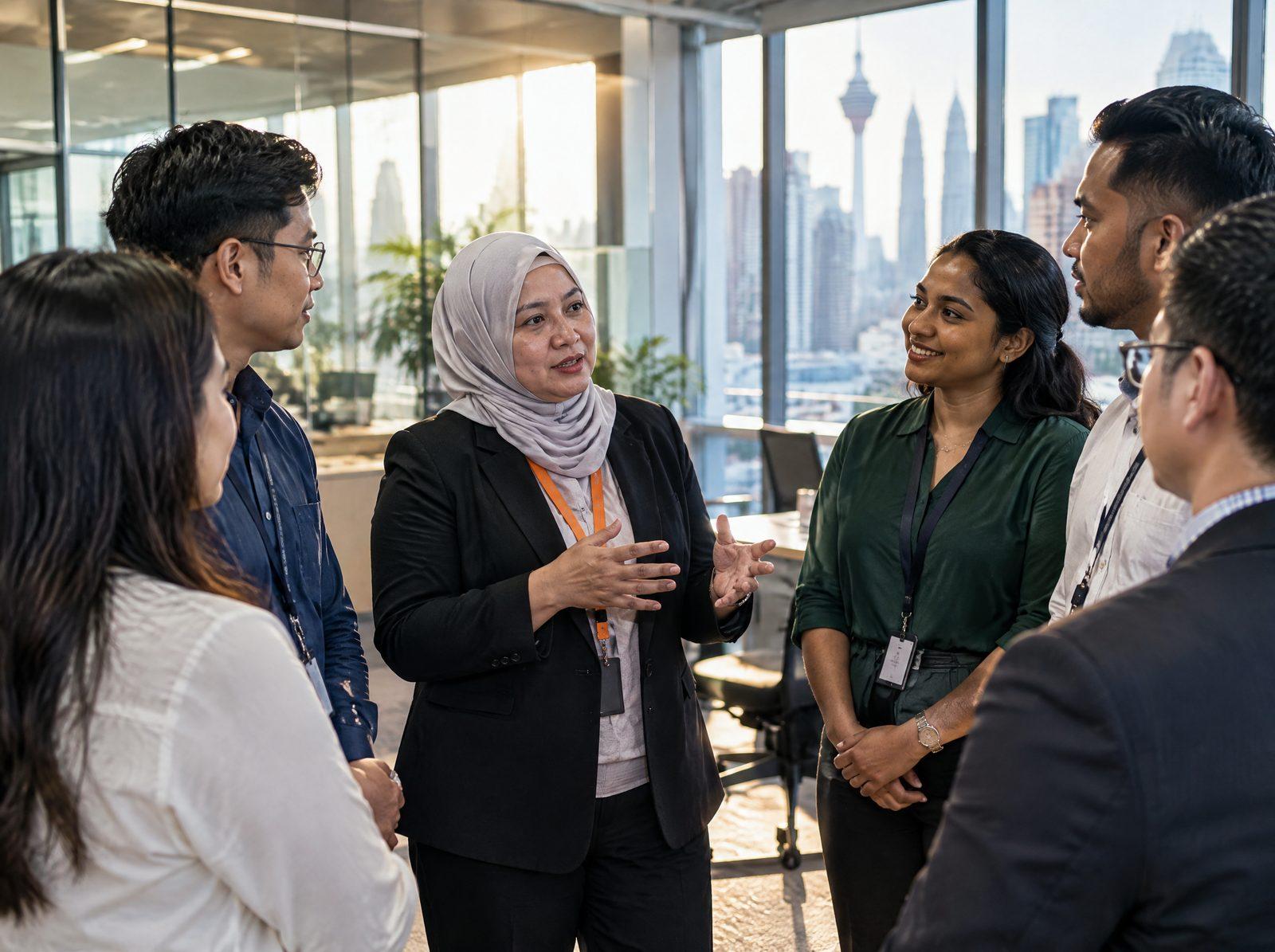Manager leading a small team huddle in an open-plan office