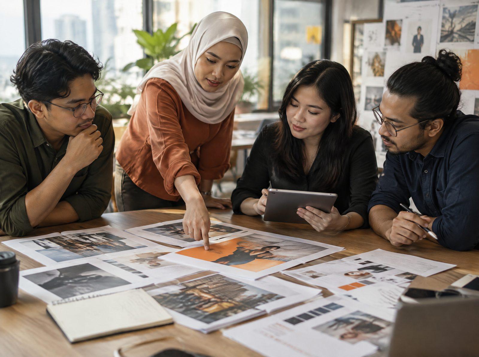 Creative team reviewing printed ad layouts around a table