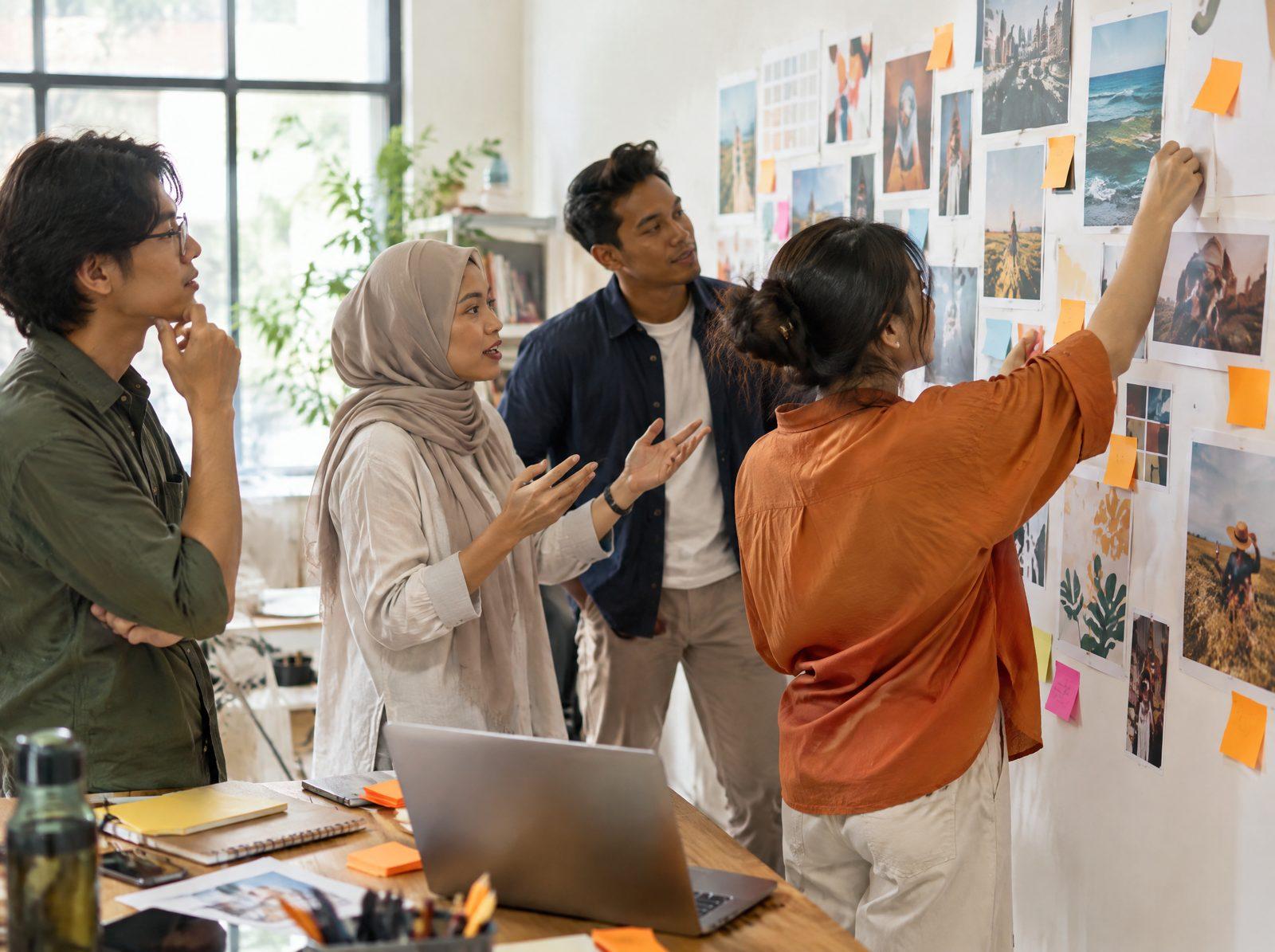 Marketing team brainstorming in front of a wall of mood boards and sticky notes