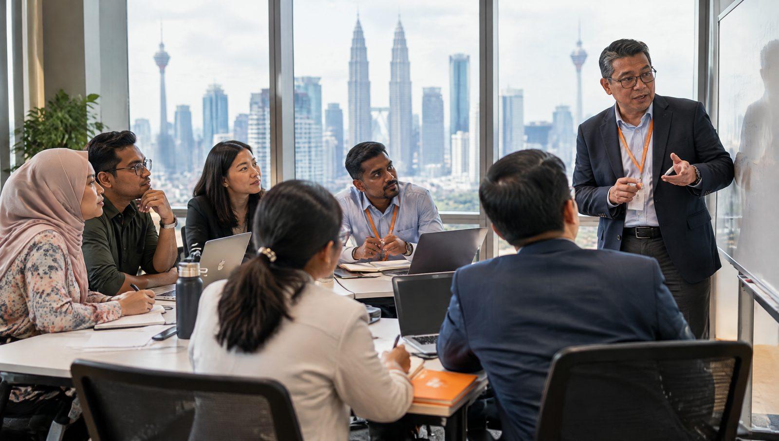 Facilitator at a whiteboard leading a training session for a group of professionals