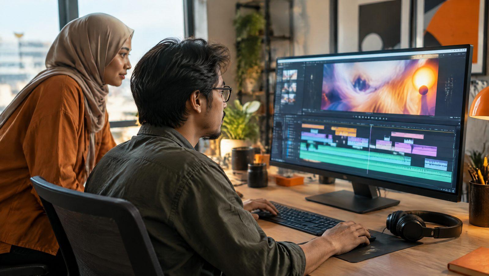 Creative professional editing a video timeline on a large monitor