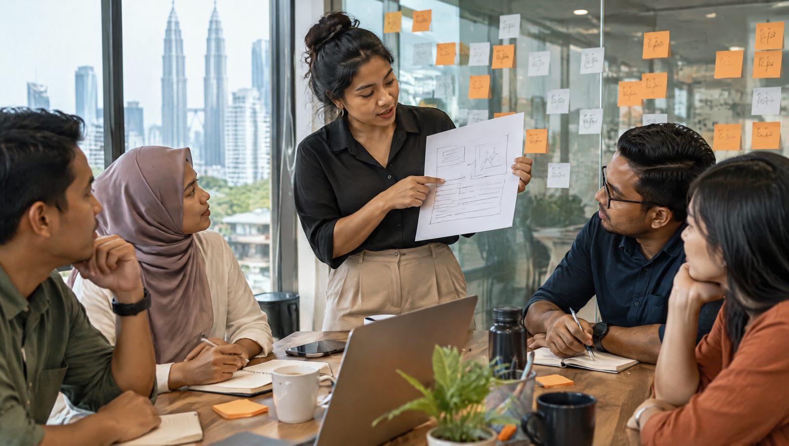 Facilitator holding up a one-page creative brief in a marketing workshop