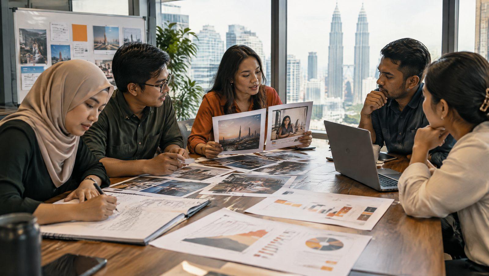 Marketing team comparing advertising concepts and charts around a planning table