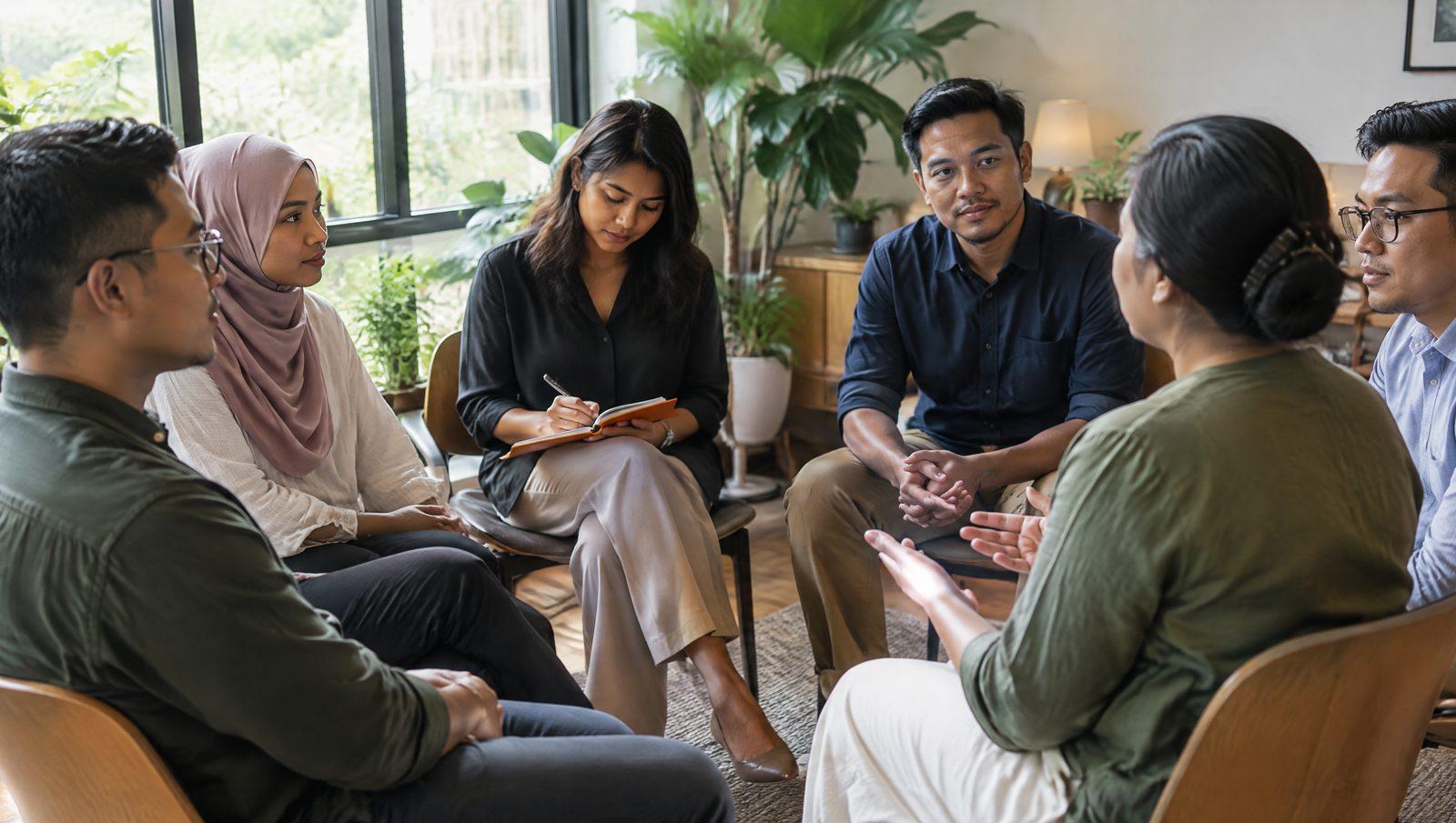 Small coaching workshop seated in a circle, one participant writing in a journal
