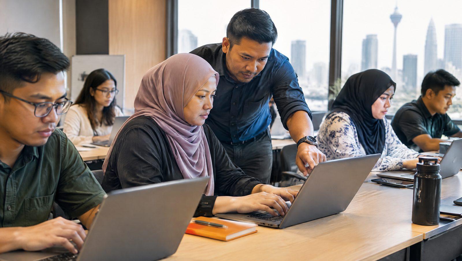 Facilitator guiding a workshop participant typing on a laptop