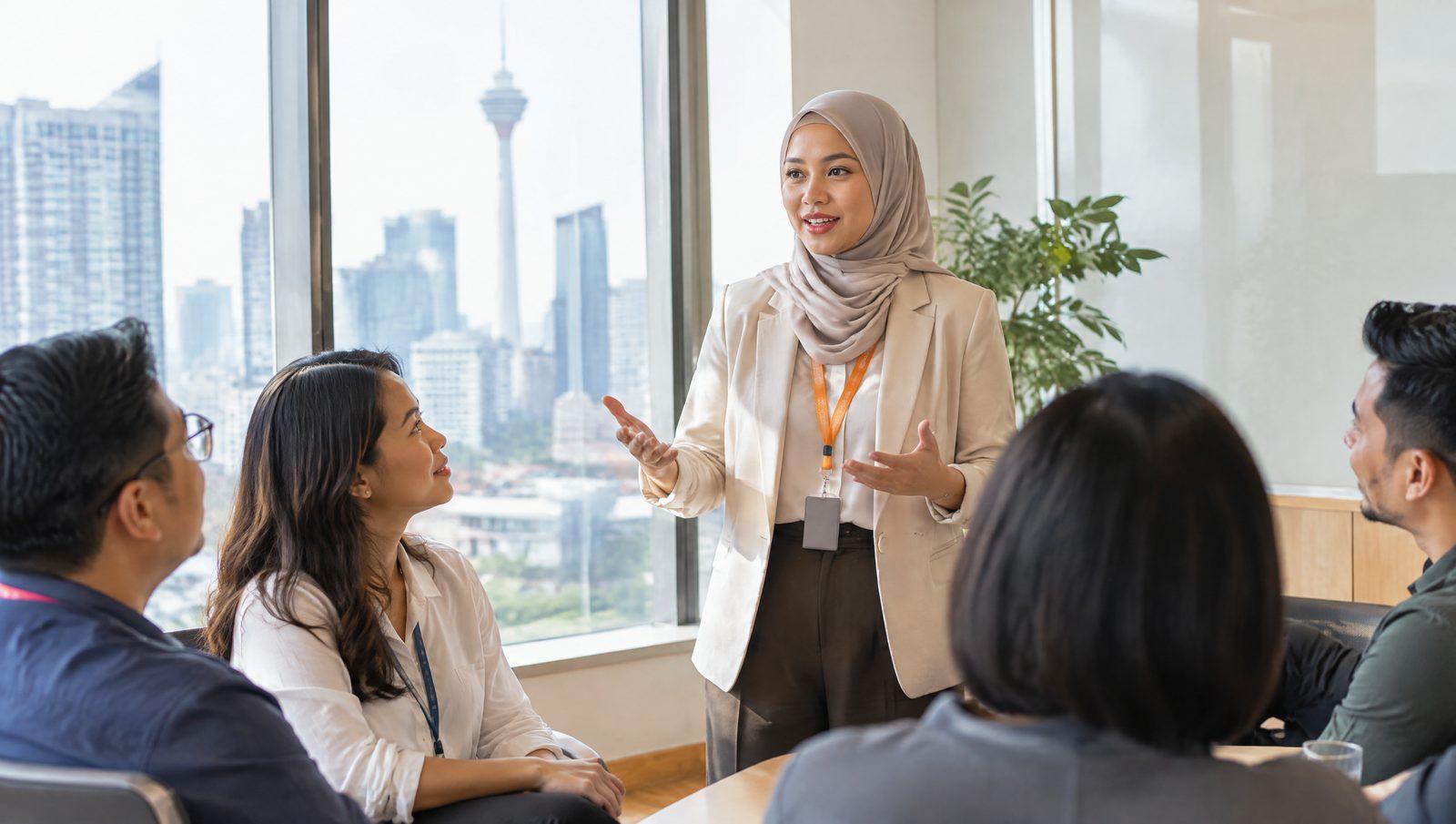 Professional woman presenting confidently to a small group of peers