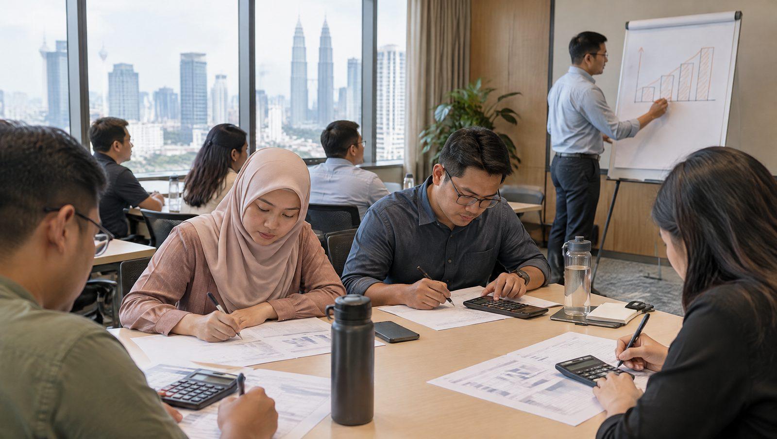 Workshop participants completing financial planning worksheets while a facilitator draws a chart