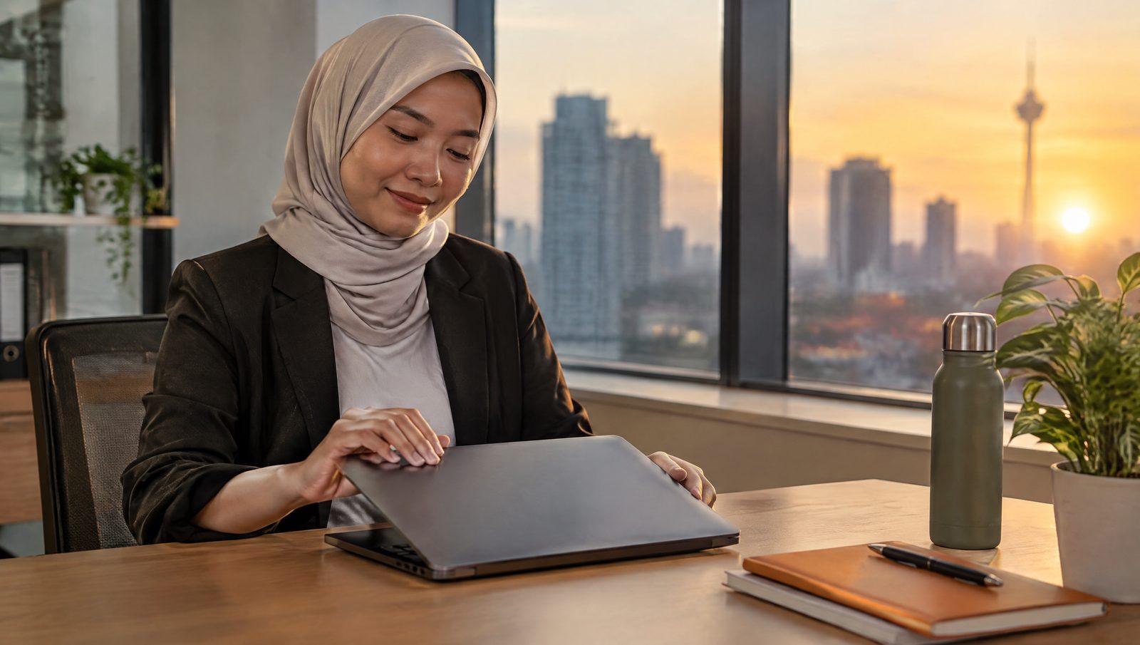 Professional closing a laptop at the end of the day in soft evening light