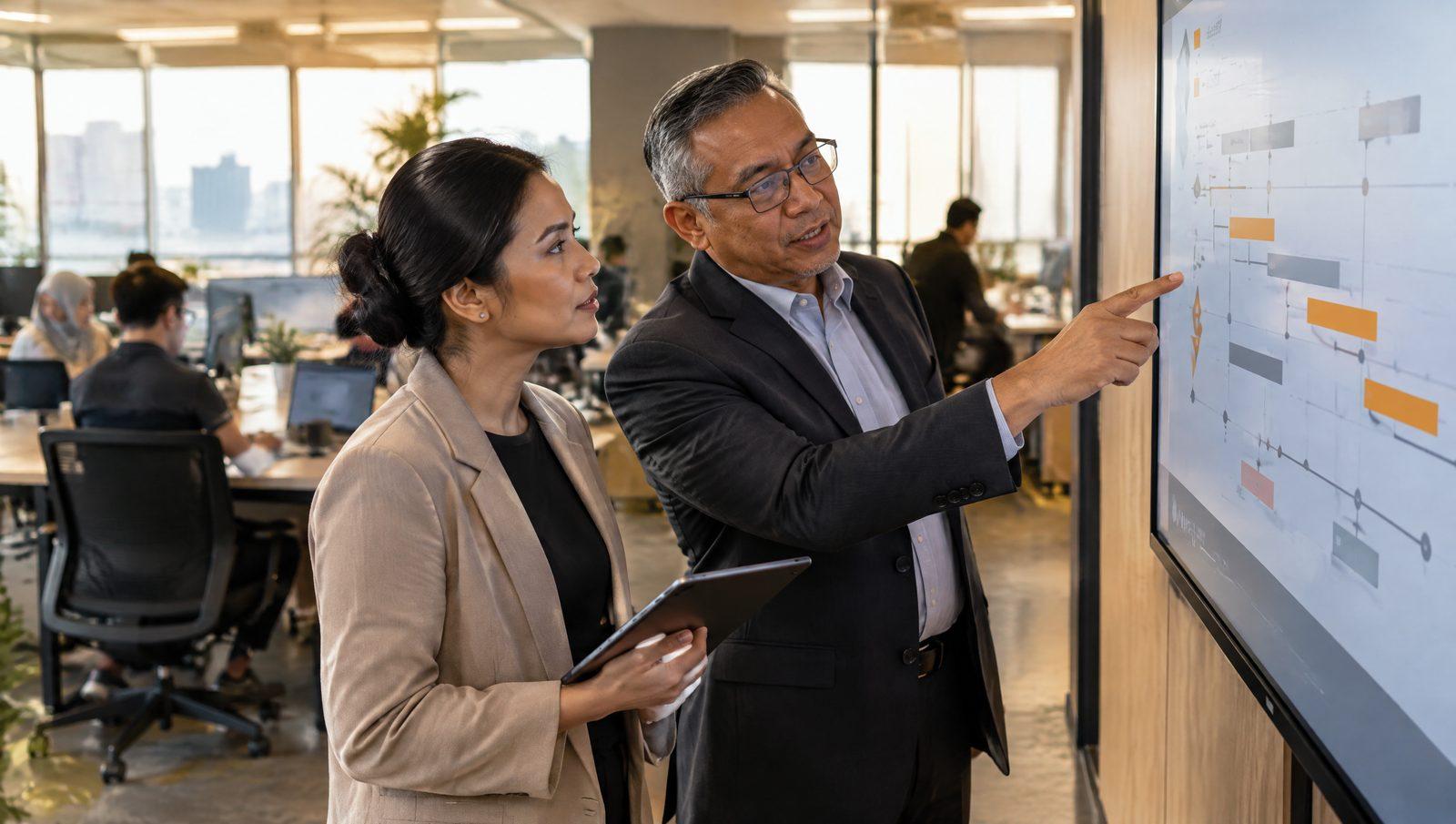 Consultant and operations manager reviewing a workflow timeline on a large office screen