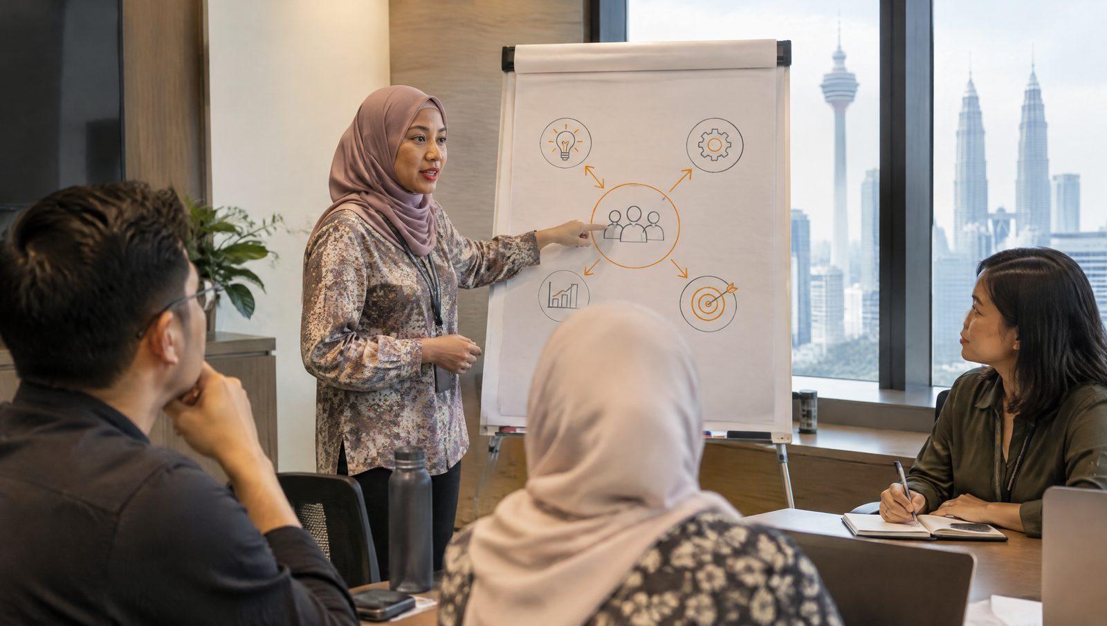 Workshop participant presenting her group's work at a flipchart while colleagues listen