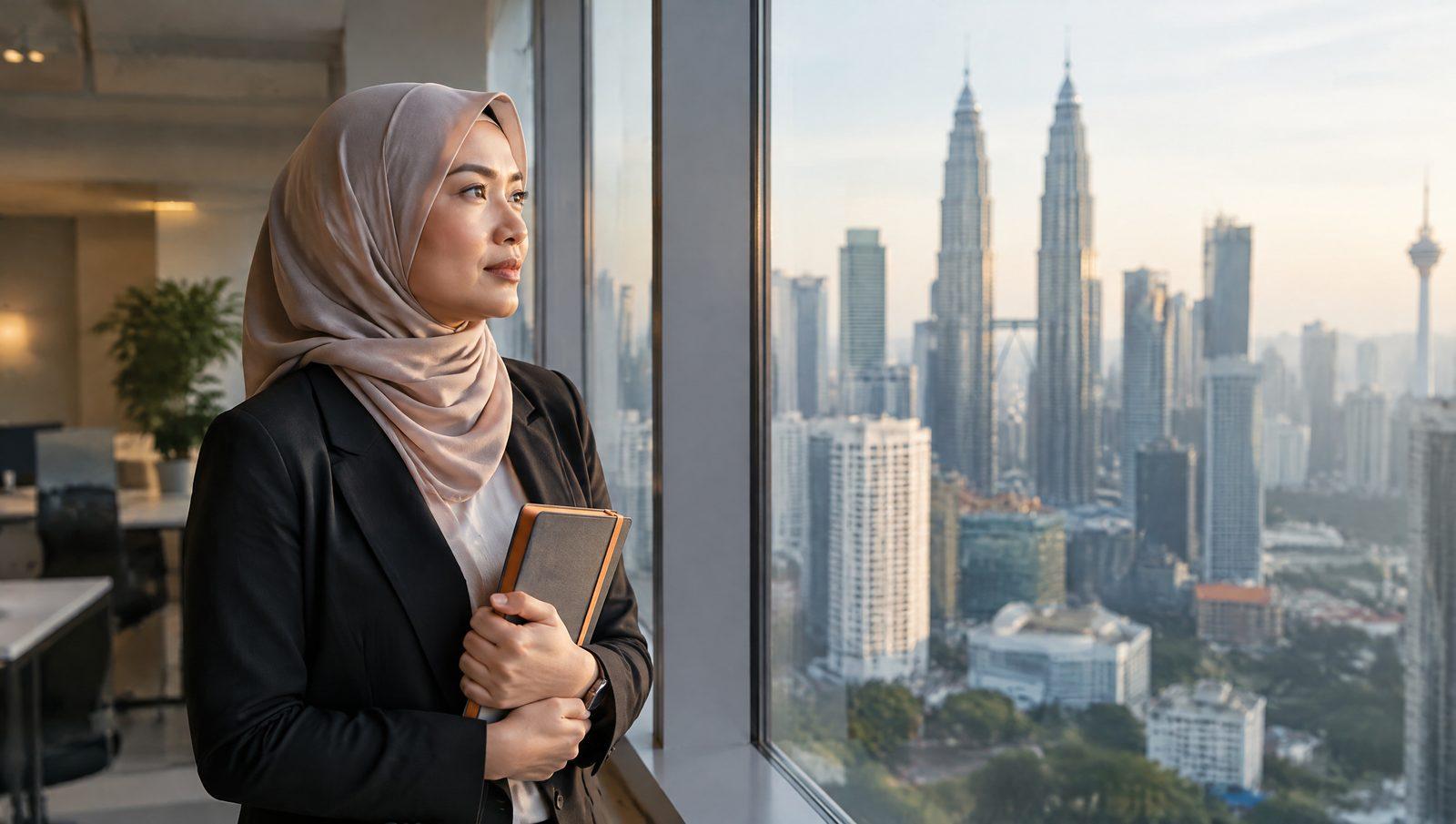 Professional woman looking out of an office window, reflecting