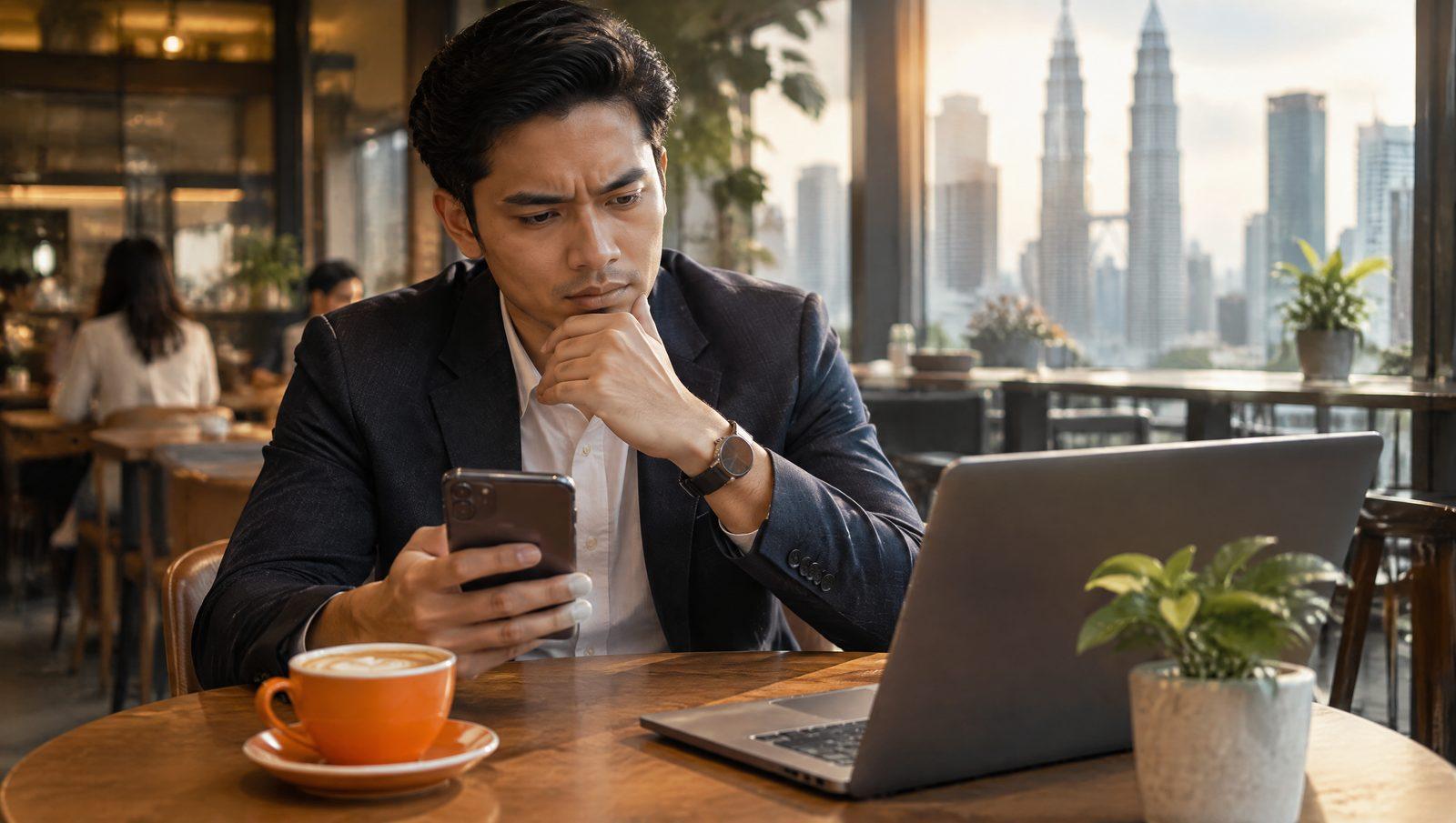 Young professional in a cafe looking at a banking app on a phone