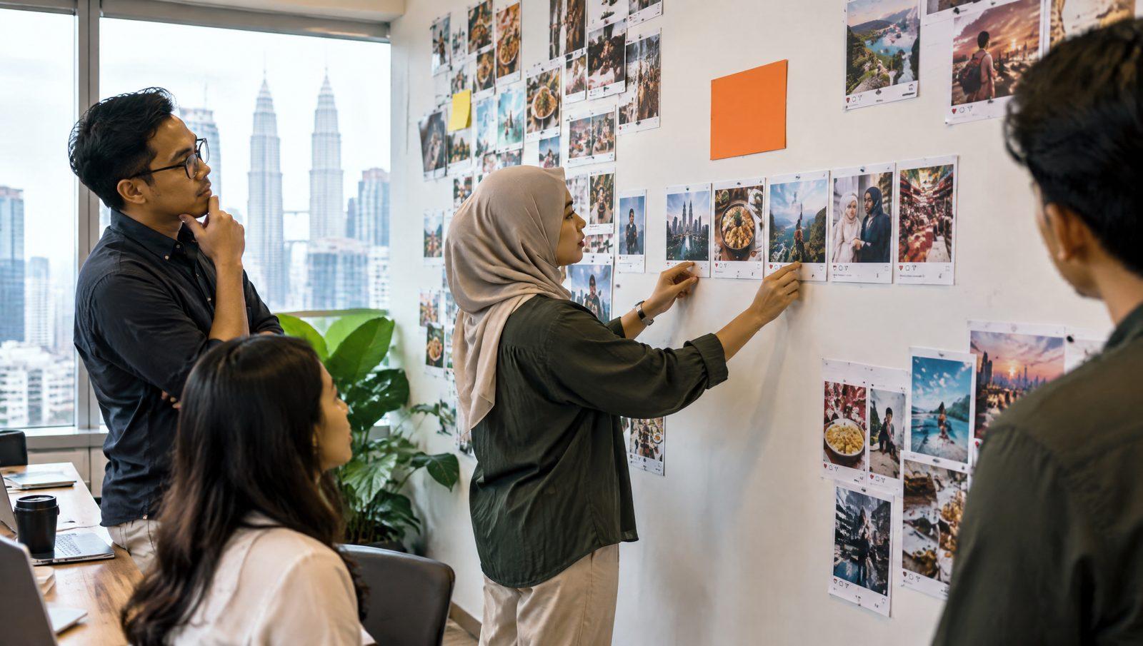 Team arranging scattered social media posts into a single neat row on a wall