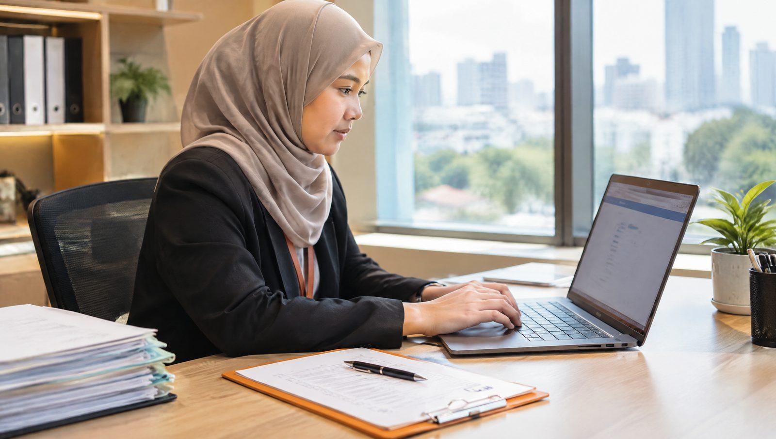 HR executive completing an online form with organised documents and a checklist