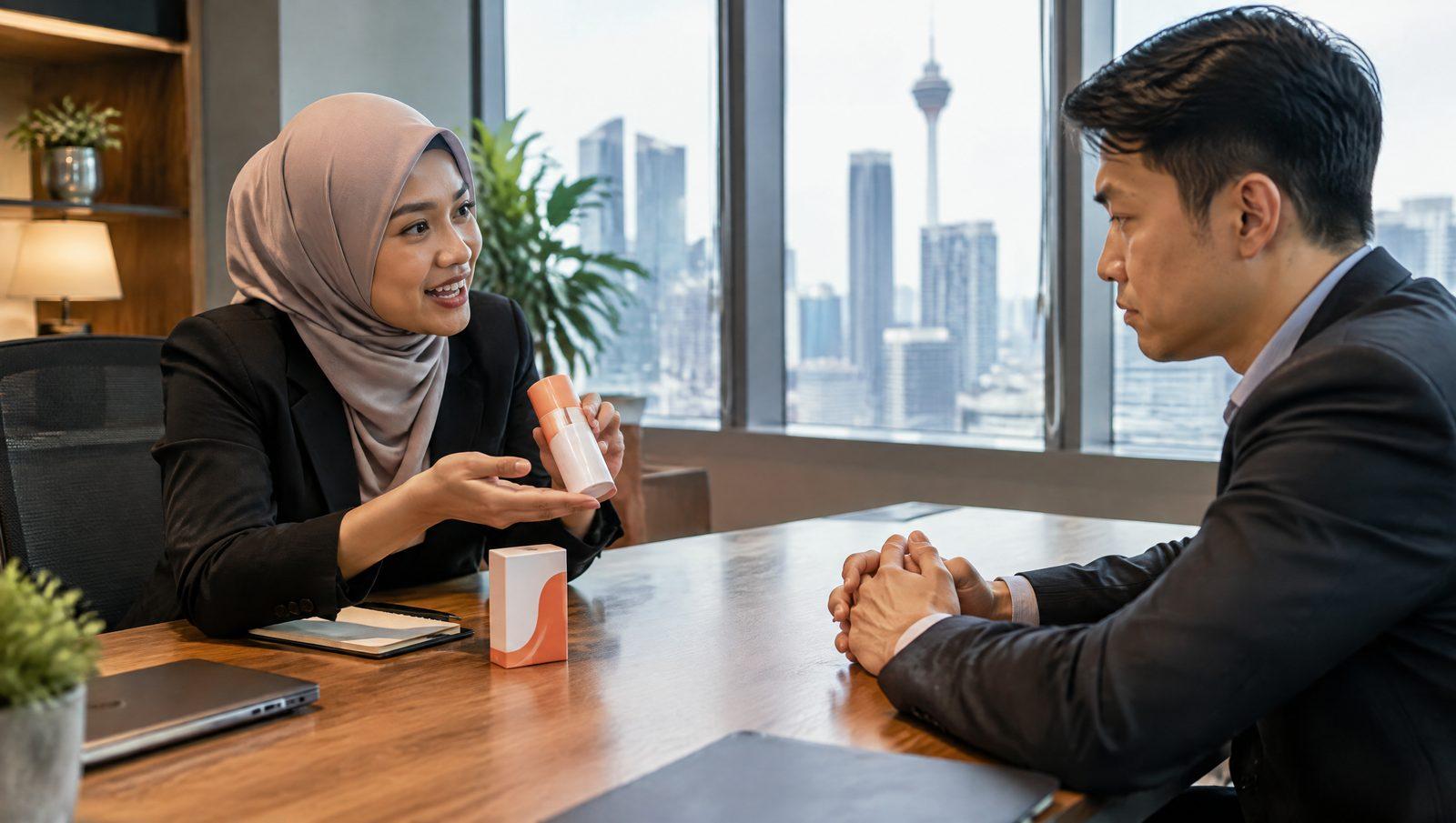 Salesperson presenting a product sample to a client across a meeting table