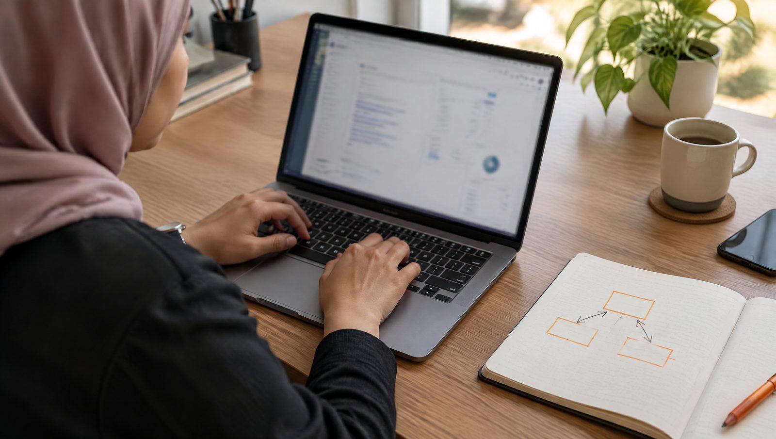 Person typing on a laptop beside a notebook with a three-box diagram