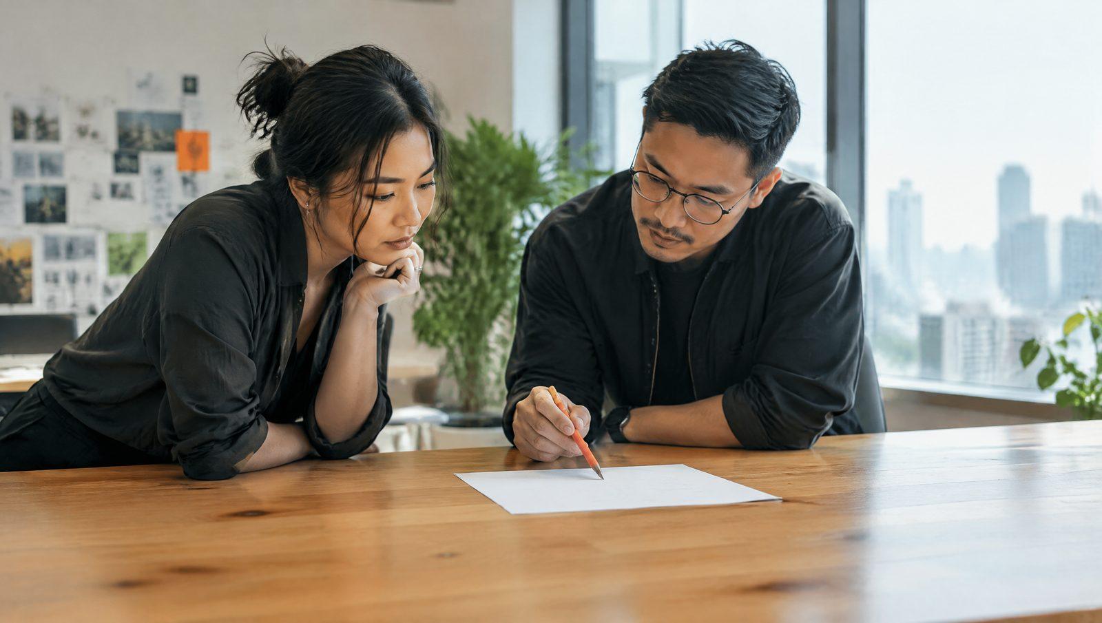 Two people studying a single sheet of paper on an otherwise clear table