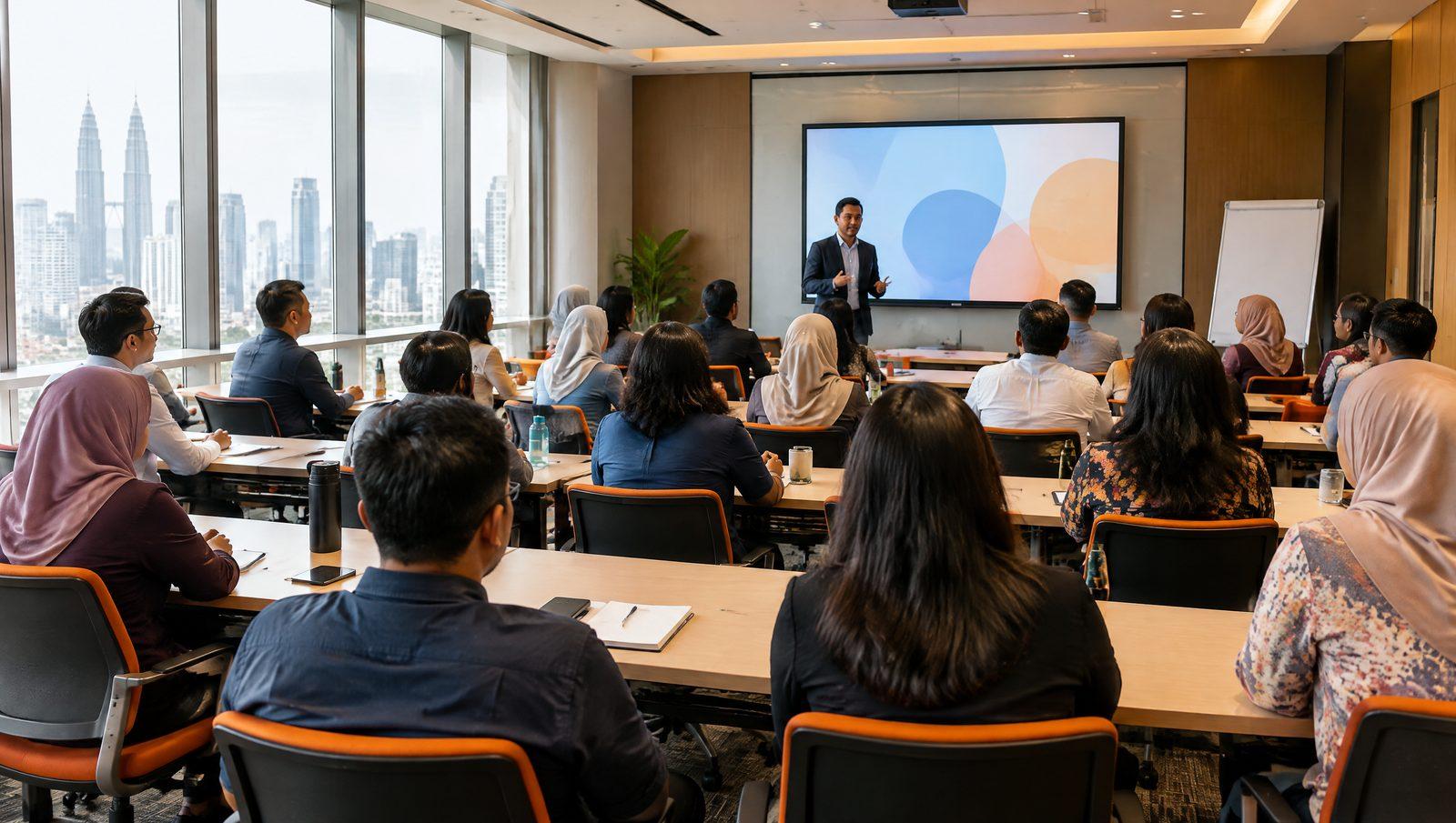 Corporate training session viewed from the back of a full training room