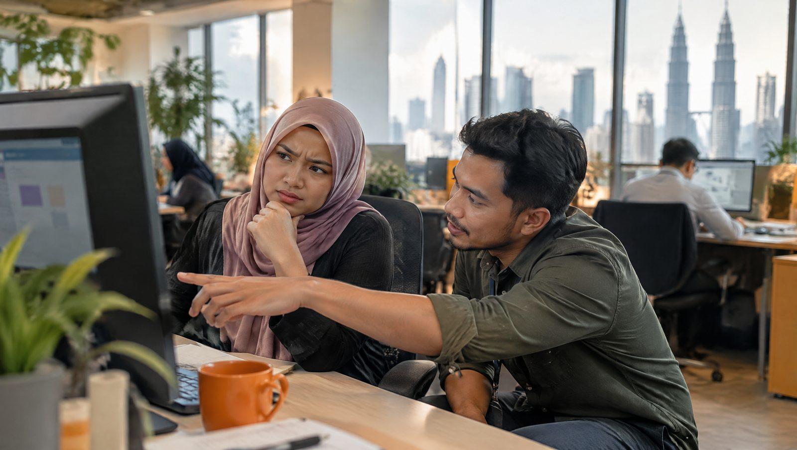 Colleague helping an employee who looks puzzled by new software on their screen