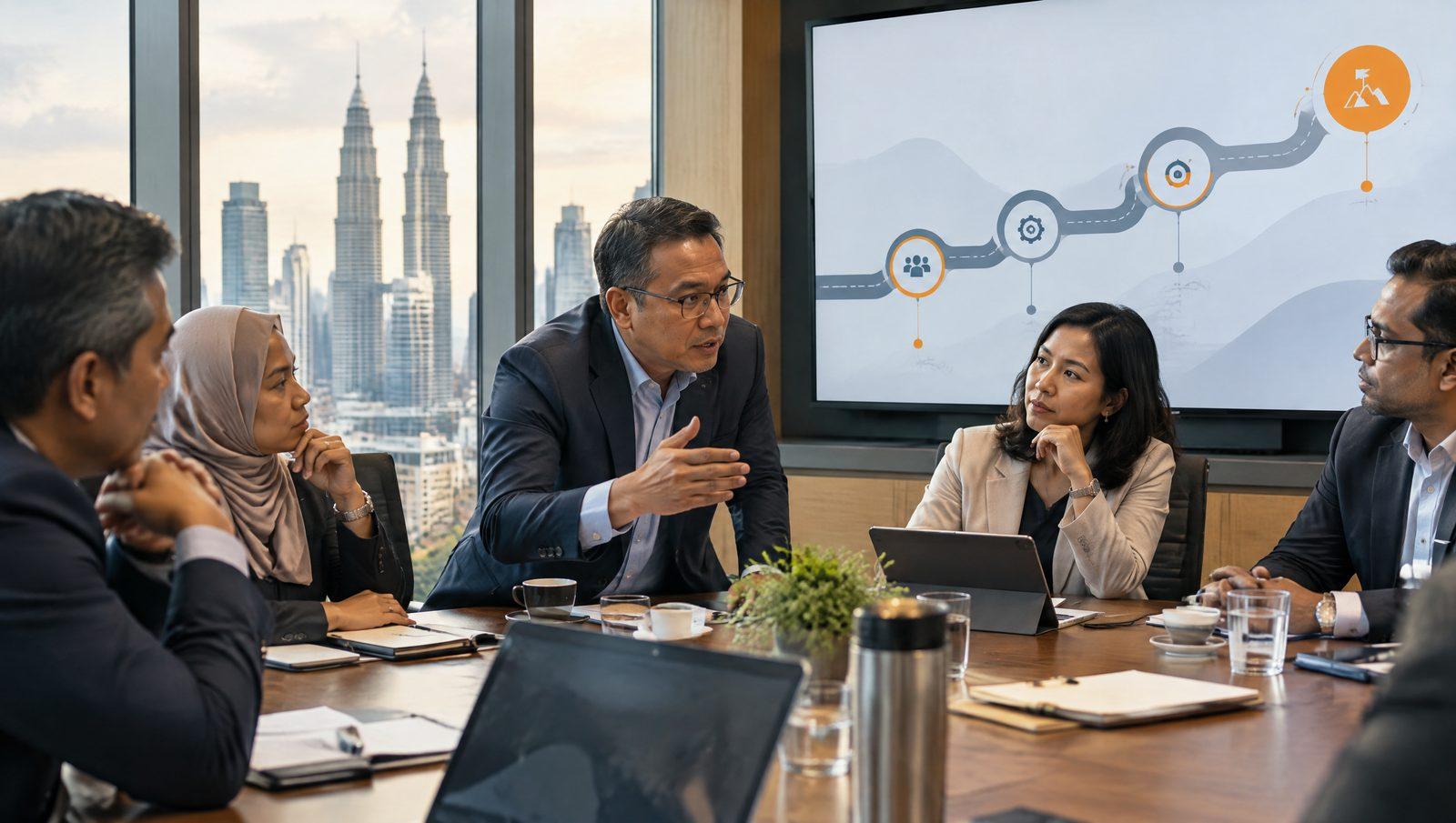 Leadership team in a boardroom discussing a transformation roadmap on a screen