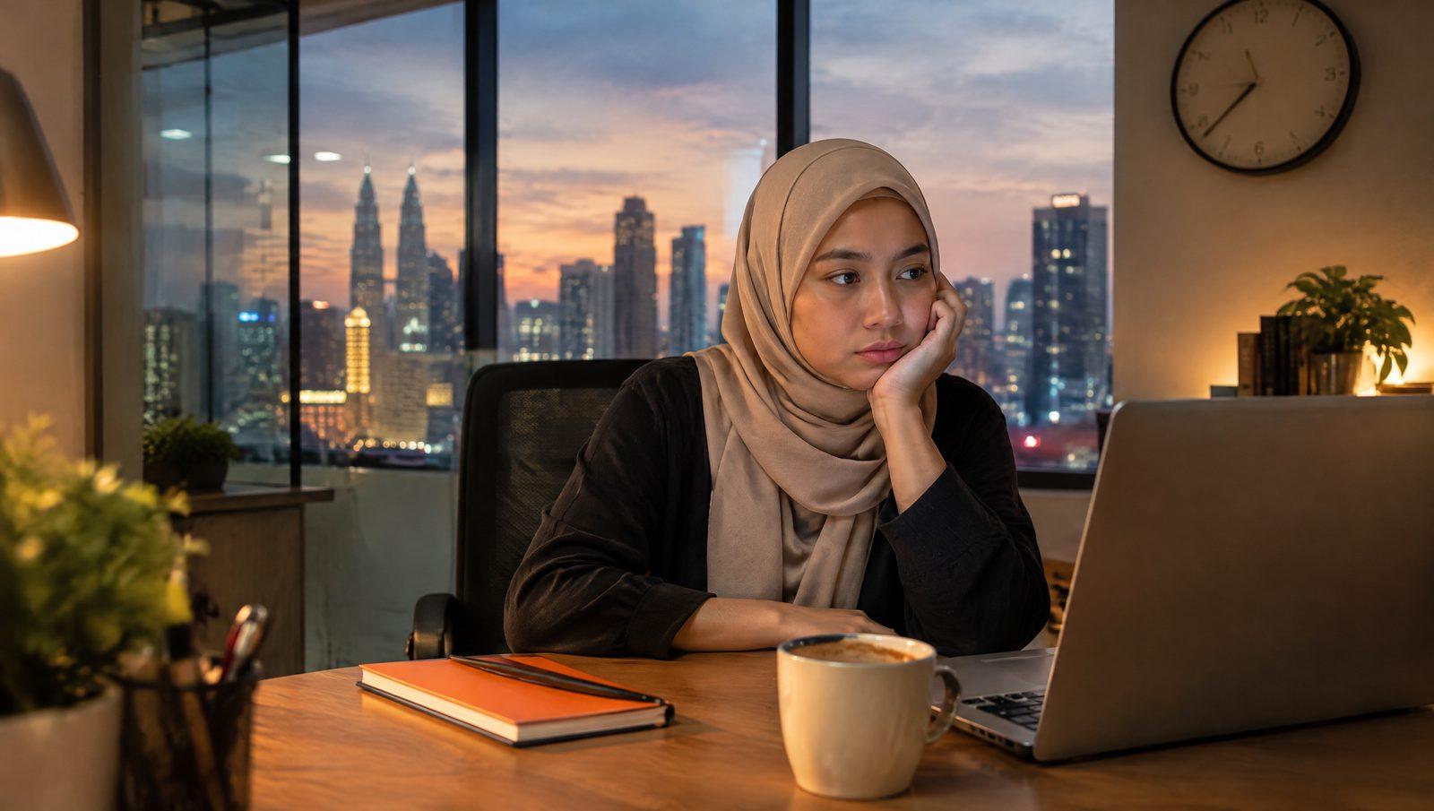 Professional working alone at a desk at dusk with city lights outside