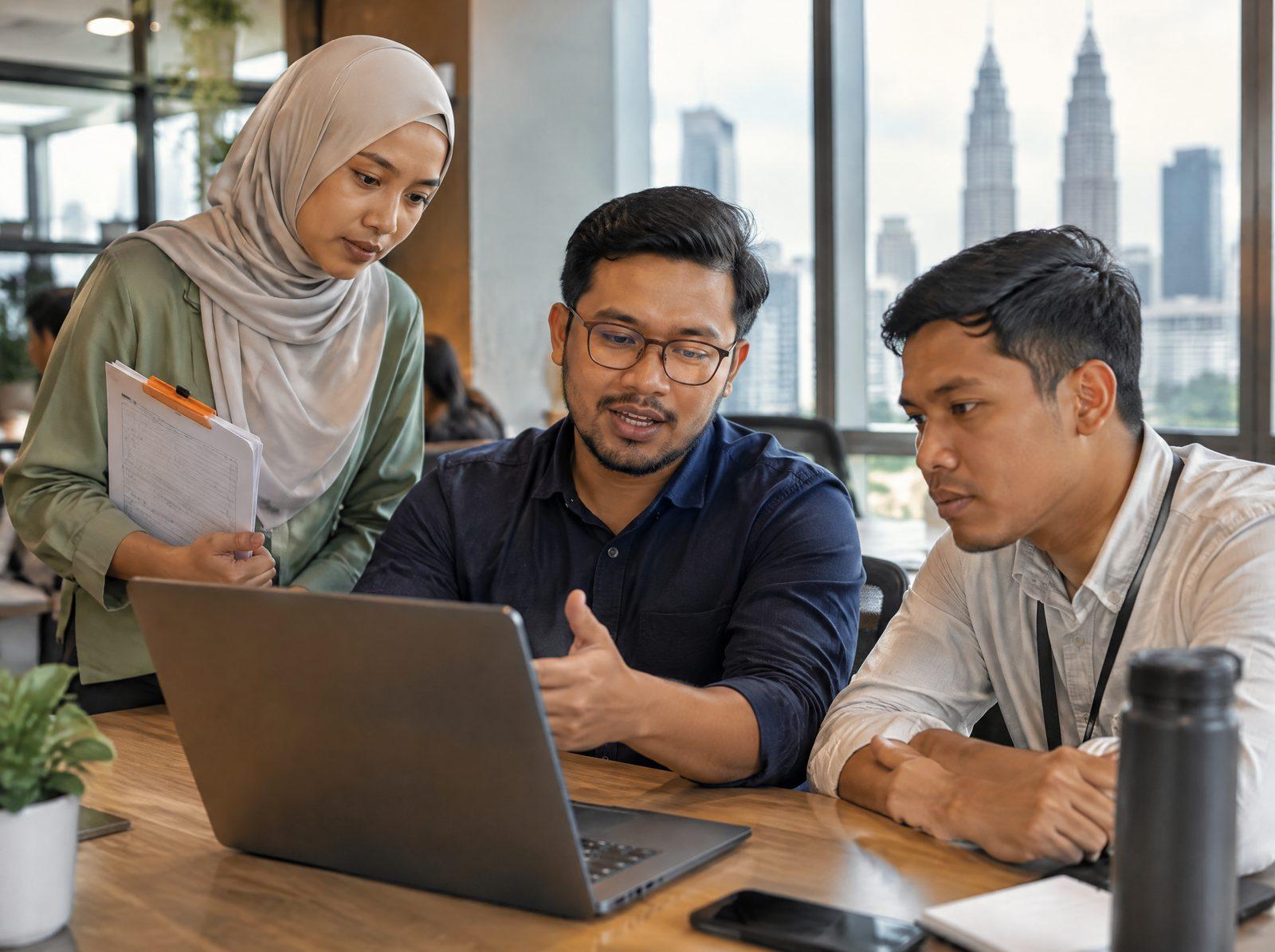 Manager walking two team members through a new software system on a laptop