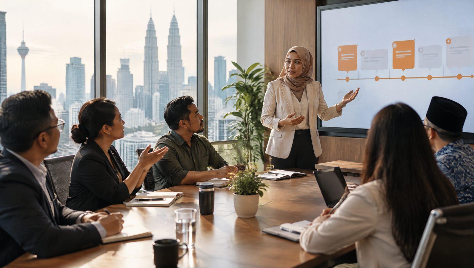 Change manager presenting a project roadmap to a cross-functional team in a boardroom